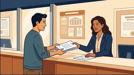A home-based business owner at a desk reviewing permit documents, with a city planning department building visible through the window — representing the bridge between home entrepreneurs and local government requirements