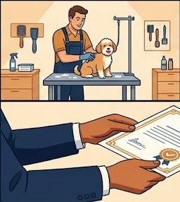 A professional dog groomer in an apron carefully grooming a small fluffy dog on a grooming table in a home grooming workspace with proper tools, drain, and containment area visible