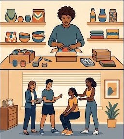 An Etsy seller packaging handmade ceramic products at a home workspace surrounded by craft supplies, boxes, and shelving — representing a typical home-based physical goods business that requires a home occupation permit