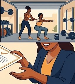 A personal trainer coaching a client doing bodyweight squats in a well-equipped garage home gym with rubber flooring, free weights, and proper ventilation — representing a compliant home fitness business setup