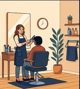 A professional hairstylist working on a client in a dedicated home salon space with a proper salon chair, mirror, and product shelf — representing a legally permitted home salon setup