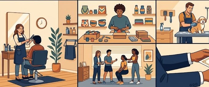 Six home-based business types illustrated: a hairstylist in a home salon, a maker packaging handmade goods, a dog groomer with a dog, a personal trainer coaching a client in a garage gym, a home daycare provider with children, and an Etsy seller at a desk