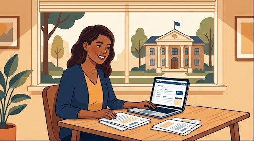 Four-panel illustration showing the home occupation permit process: a home-based business owner researching permits, submitting an application at a city planning counter, receiving an approved permit document, and operating a legitimate home business with a client